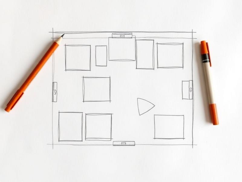 Pencil sketch of a booth floor plan divided into zones